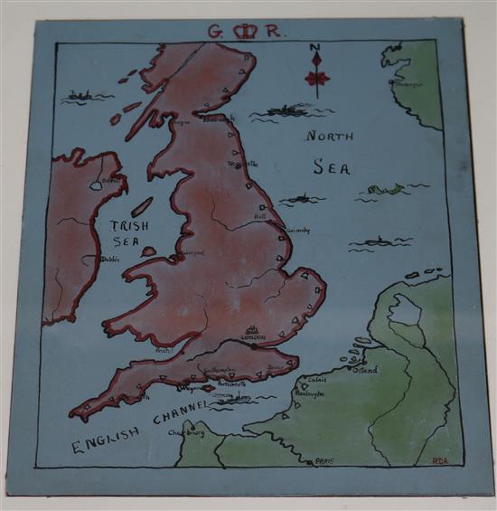 Militaria: Map of UK taken from the fabric of a Heinkel III shot down while raiding Portsmouth August 1940, 18 x 16cm